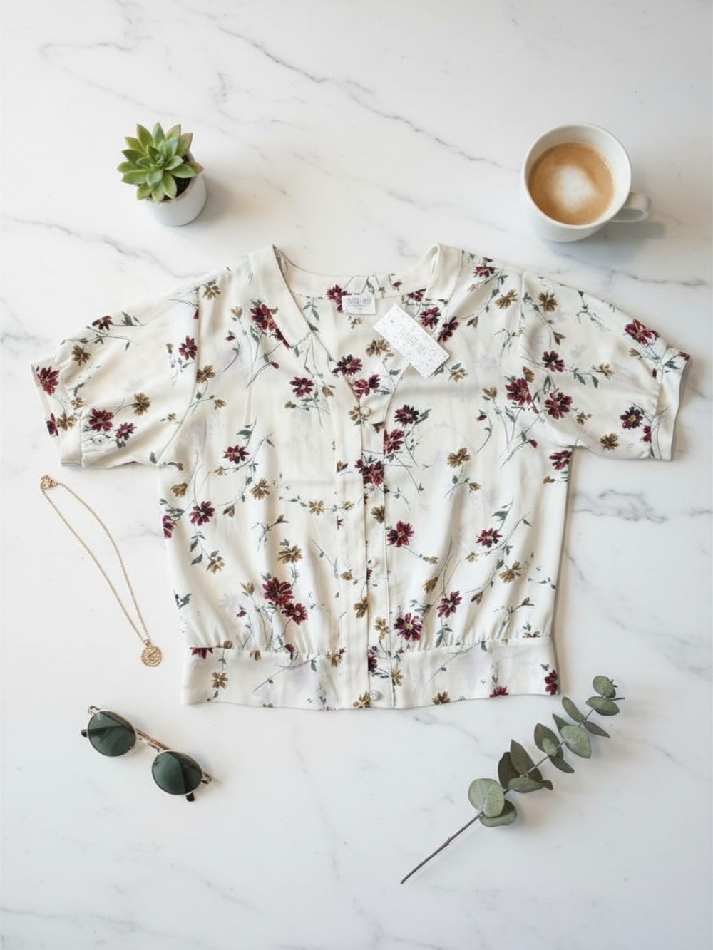Sienna Sky Cream Button-Front Floral Blouse with Burgundy Accents - Picture 1 of 7